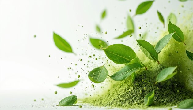Explosion of fresh green tea leaves and matcha powder creating vibrant energy. Natural, organic tea promotes wellness, immunity, and beauty. Delicious, quality brew for hot or cold drinks.