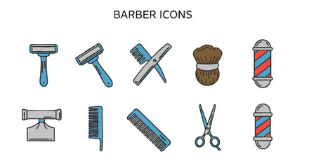Fototapeta premium A collection of colorful barber shop icons. Professional hairdressing and male grooming equipment vector illustration set.