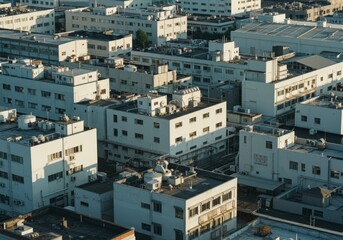 Fototapeta premium Dense urban cityscape of white buildings under warm sunlight