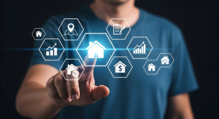 Man touching glowing house icons representing real estate investment and market analysis technology
