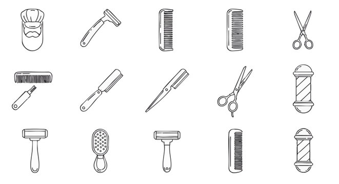 Barbershop equipment and grooming accessories icon set 85. Hand-drawn line art illustrations of razors, combs, and scissors.