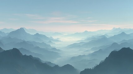Fototapeta premium Misty mountain range with soft sky and pastel hues