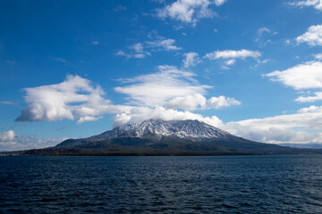 Sakurajima, Kagoshima Prefecture, on a clear, snow-covered day