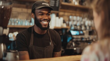 Friendly Barista Smiling at Customer in Cozy Cafe