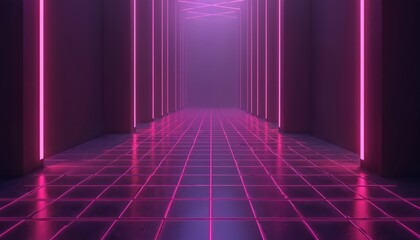 Abstract purple grid background with neon cyberpunk style. Features futuristic digital technology design with glowing lines, geometric patterns, violet magenta gradient. Empty scene with perspective