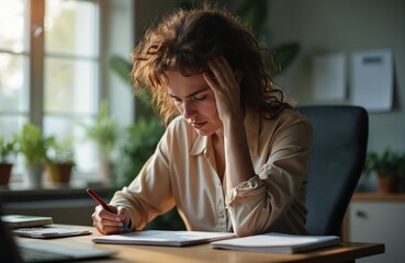 Young woman with curly hair works at cluttered desk with laptop, plant, notebook. She uses red pen to write on paper. Beige blouse, window background, white wall, plant on windowsill.