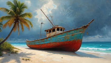 Fototapeta premium Colorful fishing boat grounded on tropical beach sand. Weathered vessel with peeling blue and red paint rests near palm trees. Turquoise ocean waves gently lap the shore under dramatic cloudy sky.