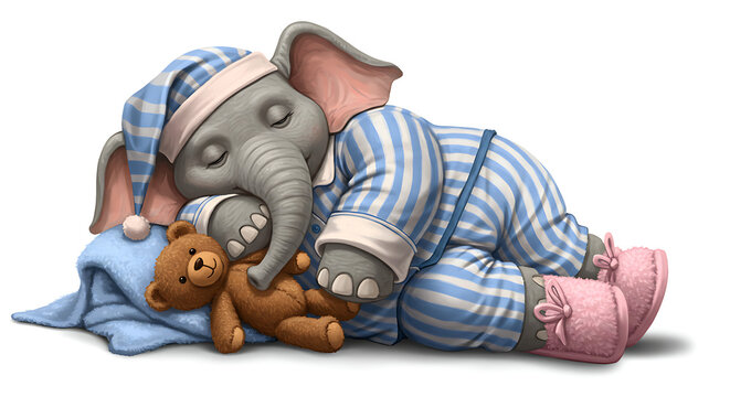 Cartoon realistic drawing of a sleepy elephant in pajamas, wearing slippers and holding a teddy bear, trunk drooping like a blanket, eyes half closed, white background.

