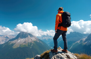 Man hiker with backpack on mountain peak, enjoying scenic landscape view. He wears an orange jacket and sunglasses, looking out over a valley with a lake. Rocky mountains under a cloudy blue sky.