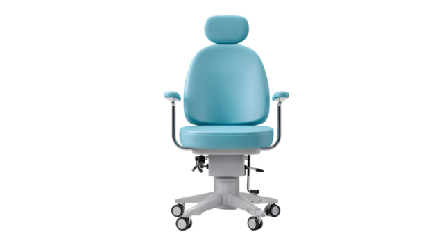 A light blue medical chair with headrest and armrests on a white base with wheels on black background