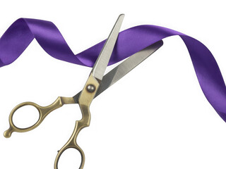 Grand opening scissors cutting purple ribbon isolated on transparent background
