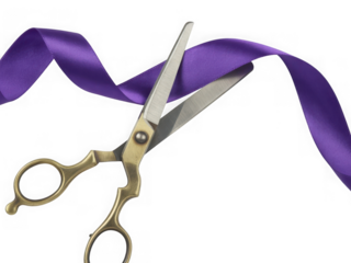 Grand opening scissors cutting purple ribbon isolated on transparent background