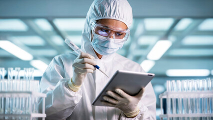 Laboratory professional wearing protective gear and goggles analyzing a sample in a test tube while recording data on a digital tablet in a sterile environment, concept of clinical diagnostics