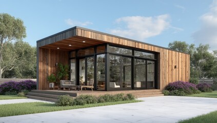 Obraz premium Modern wooden tiny house with large windows, outdoor patio, and landscaping