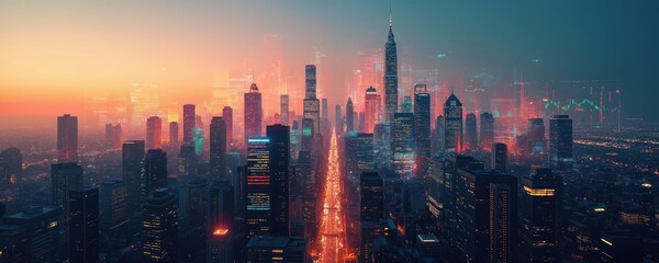 Futuristic cityscape silhouette at dusk glows with digital data, abstract grid patterns, color-coded graphs. Financial visualization blends urban architecture with economic indicators, growth,