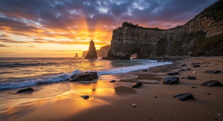 Golden Sunset Over Dramatic Coastal Cliffs and Beach