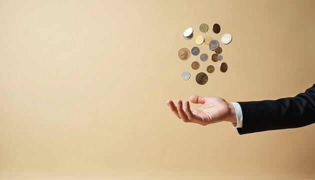 Hand in suit offers coins in symbolic gesture. This imagery represents financial concepts like giving, wealth, or loan. Composition uses clean beige background to focus on act of payment.