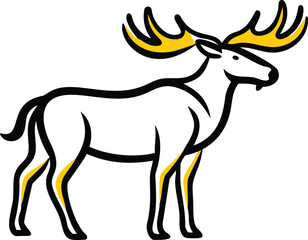 Standing elk features yellow accents, black outline, white body in striking minimalist depiction