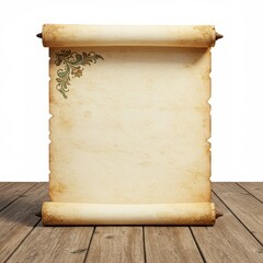 Vintage parchment scroll rests on weathered wooden planks.