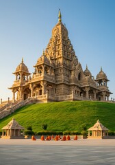 Fototapeta premium Monks Meditate Before Ancient Temple on Grassy Hill