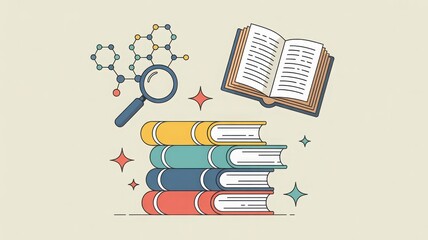 Open book magnifying glass and stack of books with scientific illustration