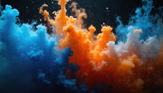 Vivid blue, orange ink swirls in dark water creating dynamic motion, contrast. Fluid forms blend, offering visual energy, creativity in abstract design. Colors fuse in dramatic, deep liquid harmony.