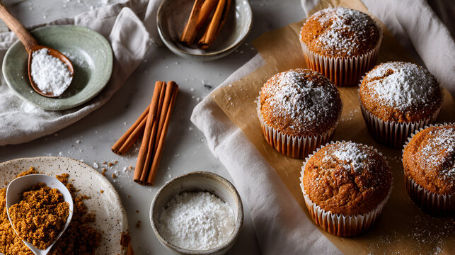 Muffins sprinkled with sugar, accompanied by cinnamon sticks and ingredients on a marble surface.