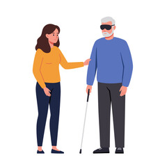 Young woman assisting elderly blind man with cane indoors, white background, vector, isolated 