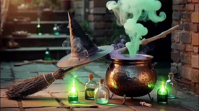 Spooky Halloween scene featuring a witch's hat, cauldron, and potion bottles.