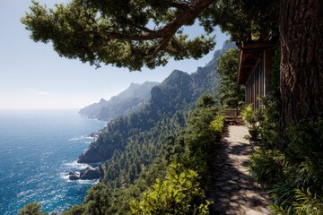 Coastal path with a mountain vista.