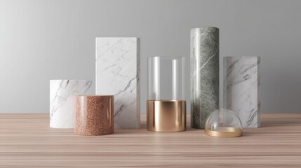 Cosmetic jars and marble cylinders arranged on neutral background in clean minimalist product scene