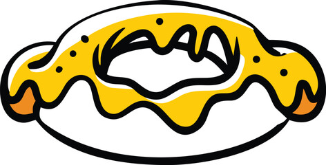 Yellow glazed donut with black dots isolated against a white background