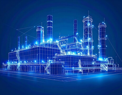 Abstract industrial facility.  Wireframe blueprint