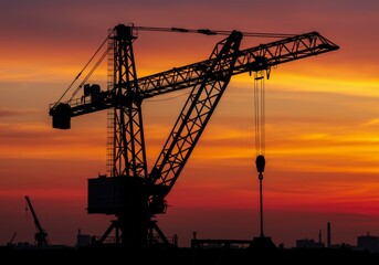 Industrial Crane Silhouette Against Fiery Sunset