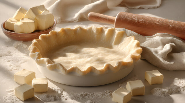 Baking Prep: Pie crust in a dish with butter cubes, a rolling pin, and flour on a clean surface.