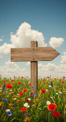 Rustic Wooden Signpost Points Through Vibrant Wildflower Meadow