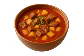 Hearty hungarian goulash with tender beef, diced potatoes swimming in robust paprika-spiced broth, served in rustic brown ceramic bowl
