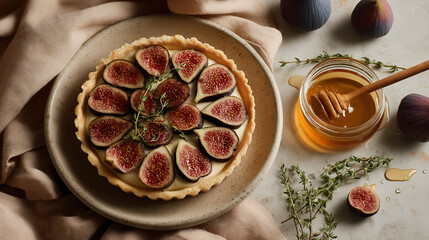 Elegant fig tart with honey and thyme on a rustic plate, perfect for a sweet treat or dessert.