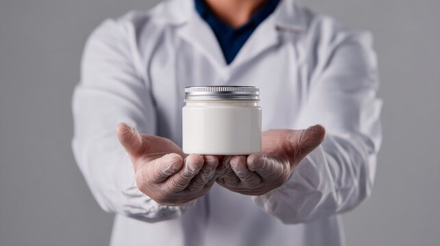 Scientist hands holding cosmetic jar in lab coat for skincare product research and branding promotional visuals