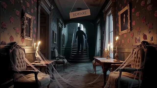 Eerie corridor with an ominous figure.
