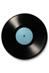 Obraz premium Black vinyl record with light blue label on transparent background