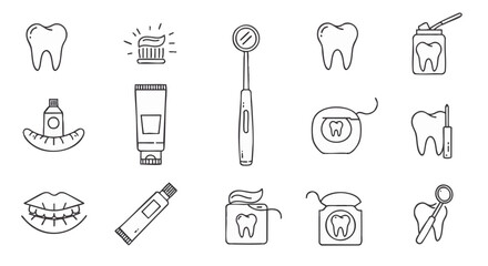 Set of minimalist line icons representing dentistry, oral hygiene, and professional dental care tools and products