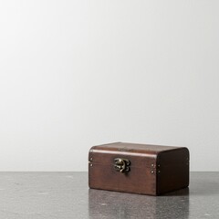 Vintage wooden chest sits on a gray surface.