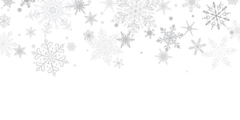 Christmas illustration featuring intricate falling snowflakes of varying sizes and designs arranged on top, gray on white background.