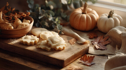 Fototapeta premium Autumnal treats: Cookies and pumpkins bask in warm light for a cozy, seasonal celebration.