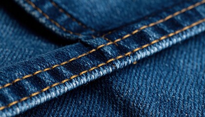 Fototapeta premium Close-up of indigo denim fabric, top-down shot, focus on seam with contrasting thread, clear weave texture, studio lighting.