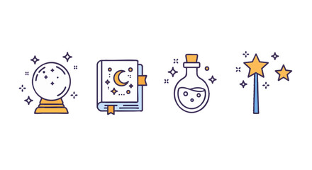 Colorful line art icon collection of magical elements. Includes a fortune teller's crystal ball, a wizard's spell book, a potion flask, and a fairy's magic wand