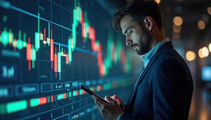 Man in suit uses tablet checking stock market charts on large digital display. Financial analyst studies trading data, market trends, graphs on screen. Modern office technology for investment,