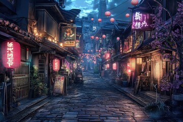 Fototapeta premium Night-time Asian alleyway, shops, lanterns