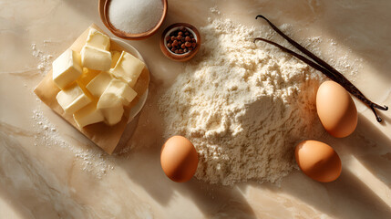 Baking essentials: butter, sugar, eggs, flour, spices, and vanilla beans bathed in sunlight.